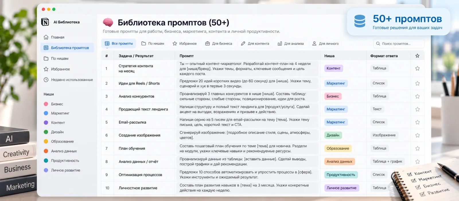 A library of 50+ prompts in Notion: task, prompt, niche and answer format