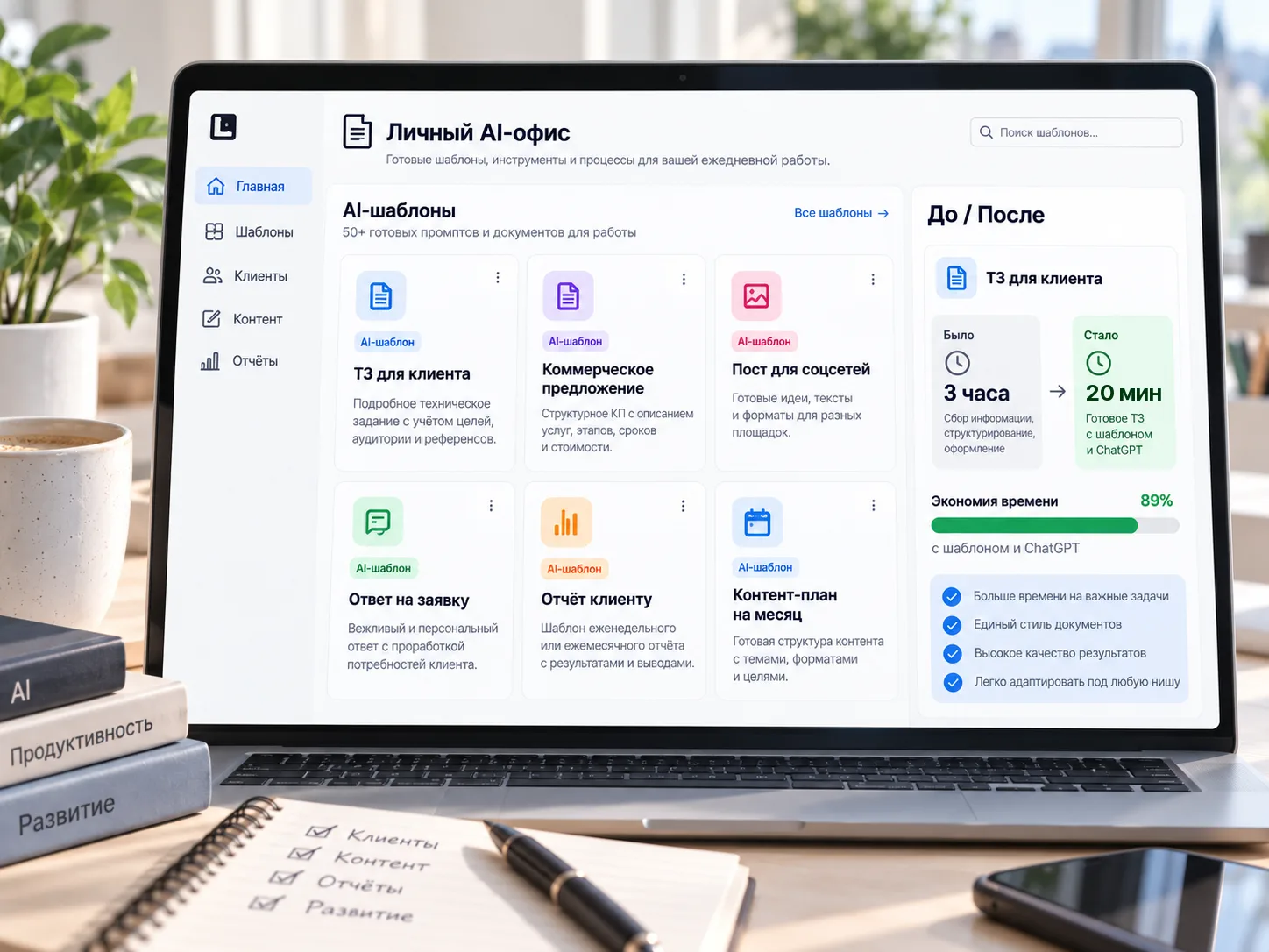 A personal AI office: a freelancer's library of AI templates and a before/after example — a client brief in 20 minutes instead of 3 hours