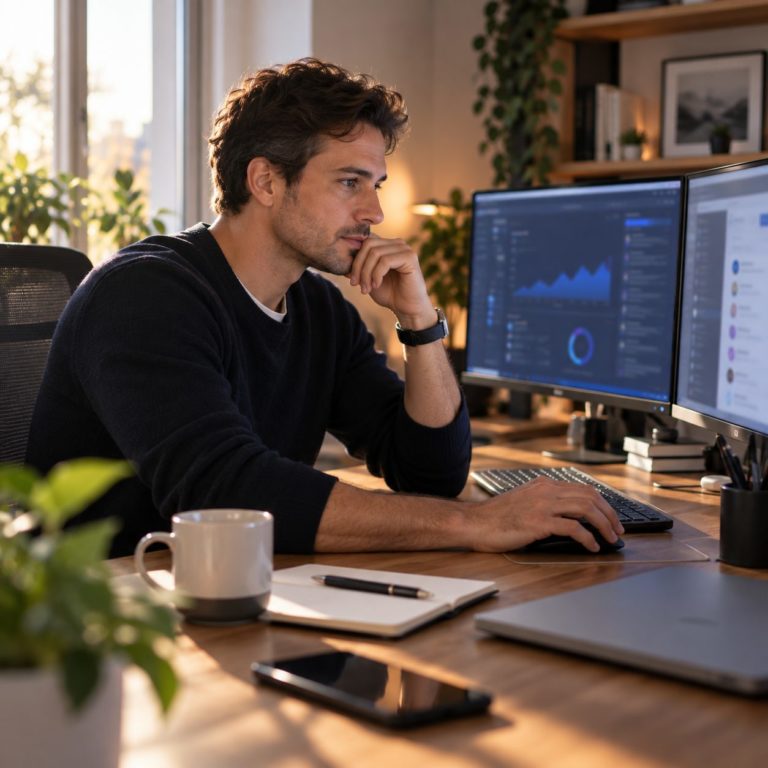 A specialist working with AI tools at a desk with two screens