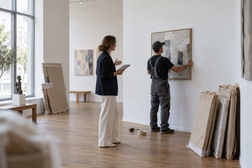 An art manager with a tablet directs an art handler hanging a painting in a gallery
