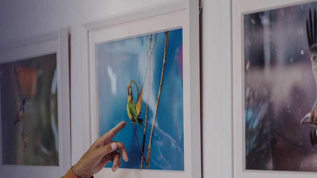 A visitor points at a framed photograph at an exhibition opening