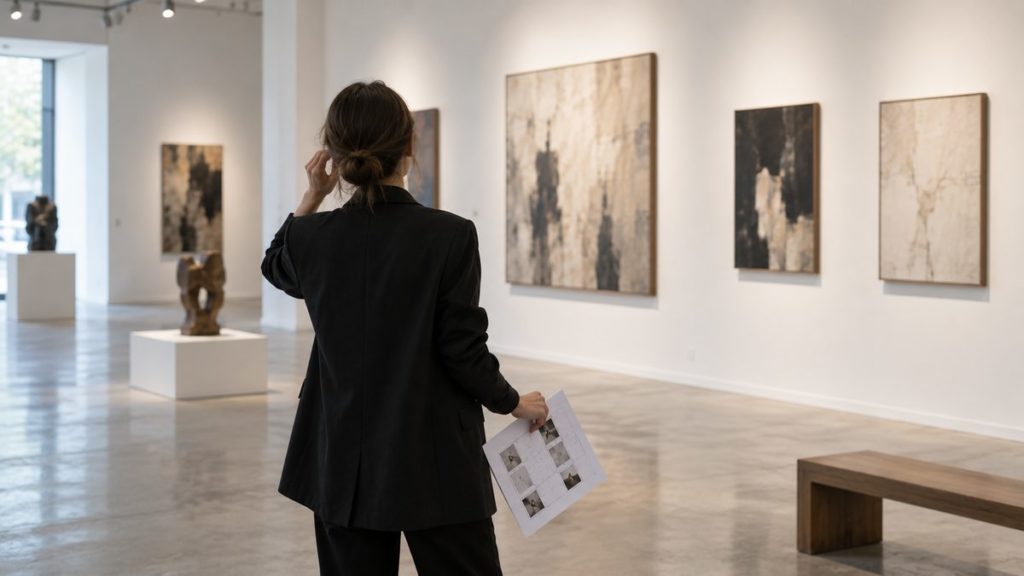 A curator with an exhibition plan in hand studies the hang of the works in a gallery room