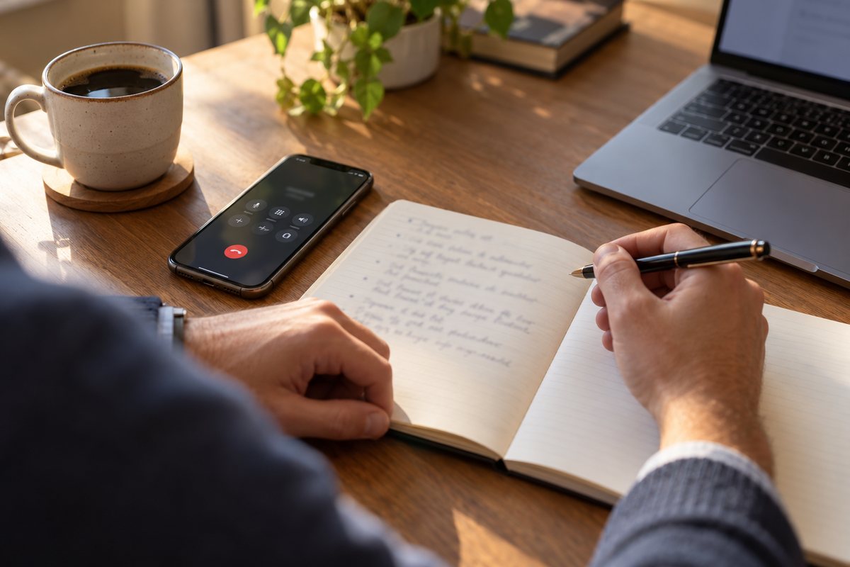 A notebook with answers to objections and a phone during a client call