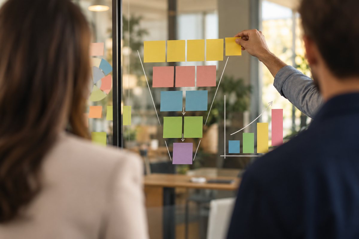 A team planning hiring and team metrics on a glass board with sticky notes