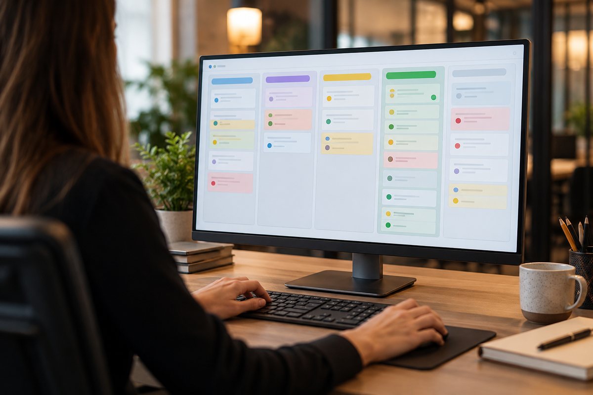 A CRM pipeline with deal stages on a monitor