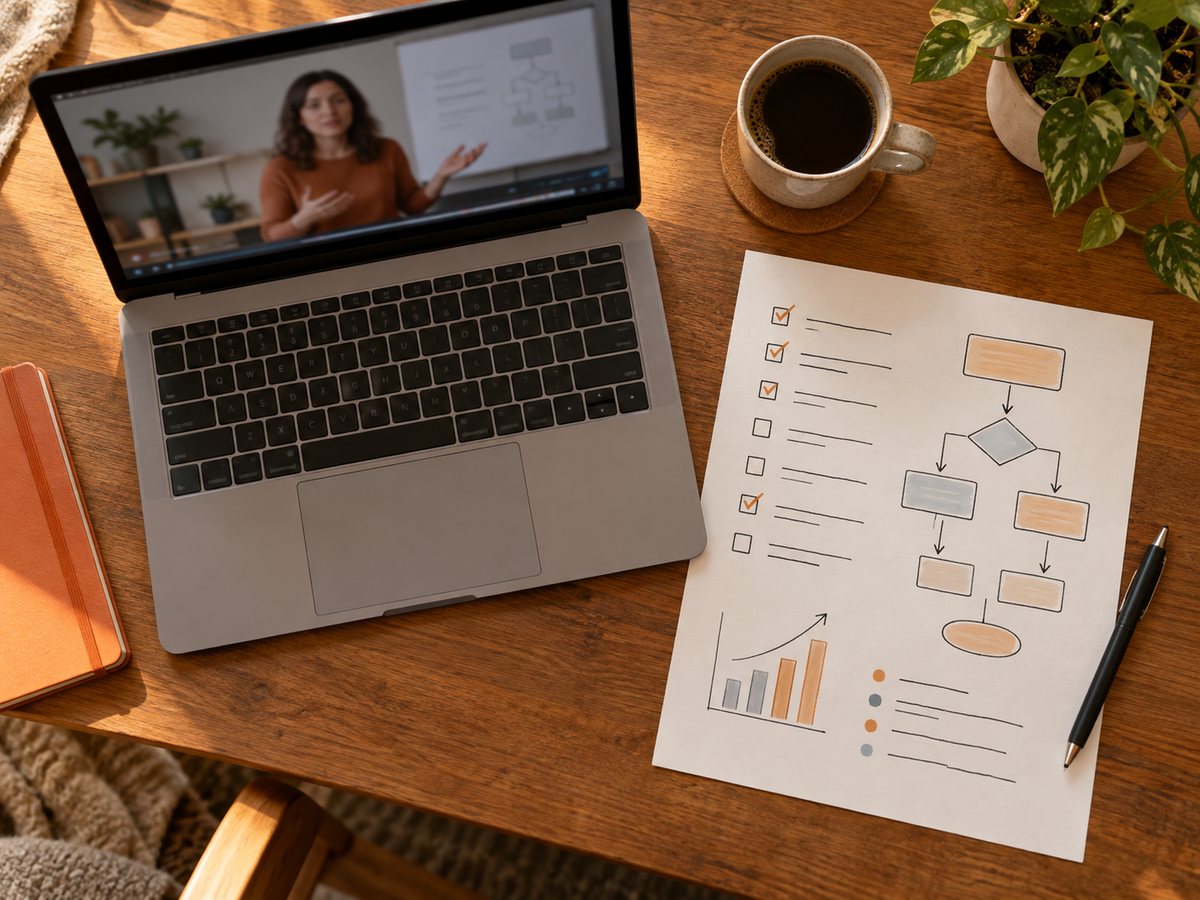 A video lesson on a laptop and a printed cheat sheet with a checklist on the desk