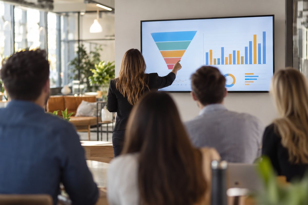 A sales team stand-up at a screen with a funnel and charts