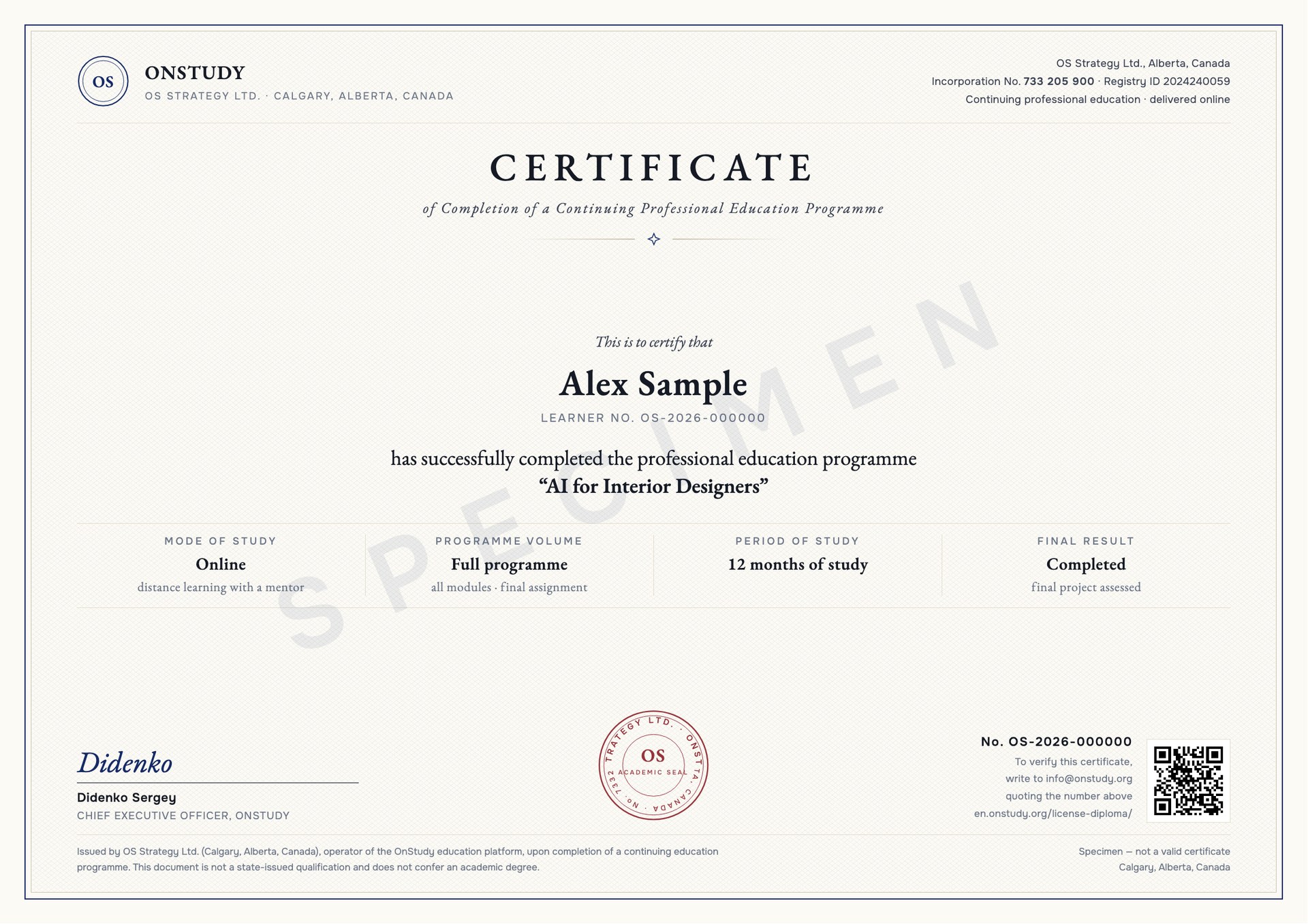 Sample OnStudy Certificate of Completion