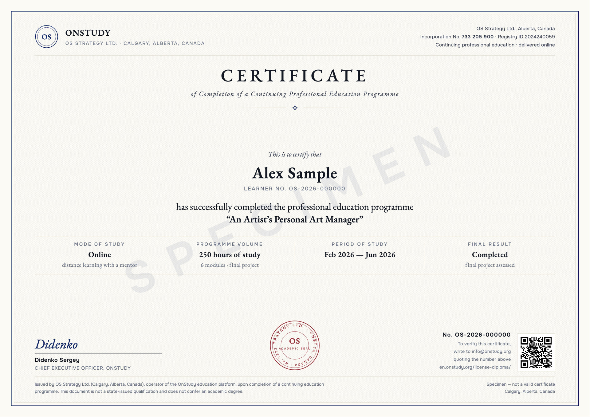 Sample OnStudy Certificate of Completion