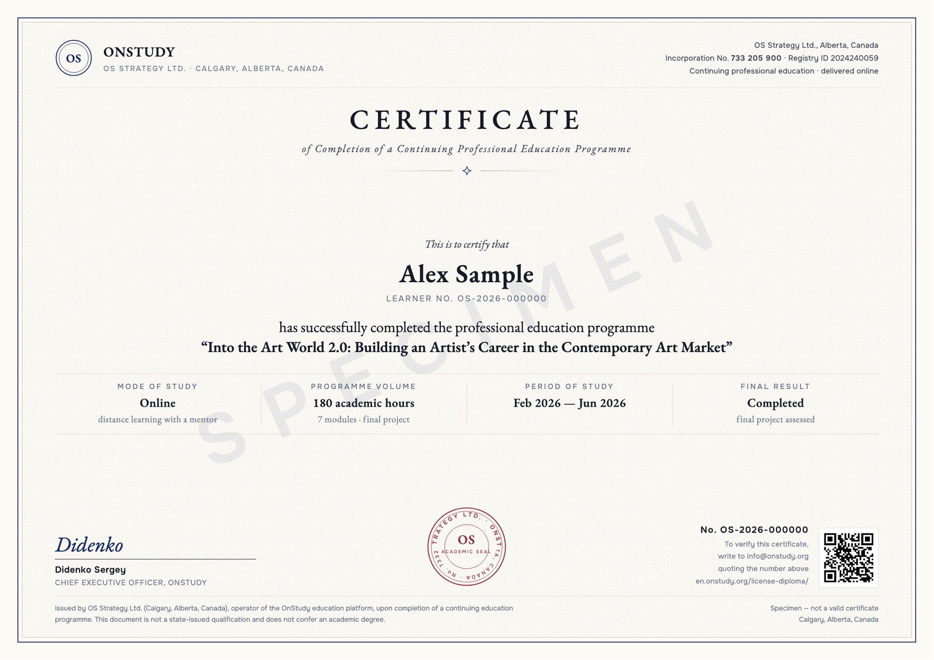 Sample OnStudy Certificate of Completion